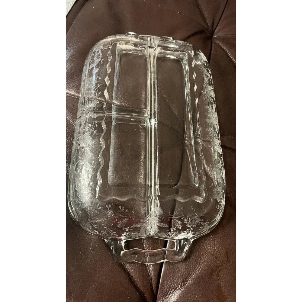 Viking New Martinsville Prelude Etched Relish Tray w Handles 4 Rectangular Glass